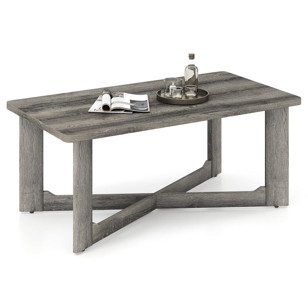 Rectangle Coffee Table Rubber Wood Base with X-Shaped Base-Gray
