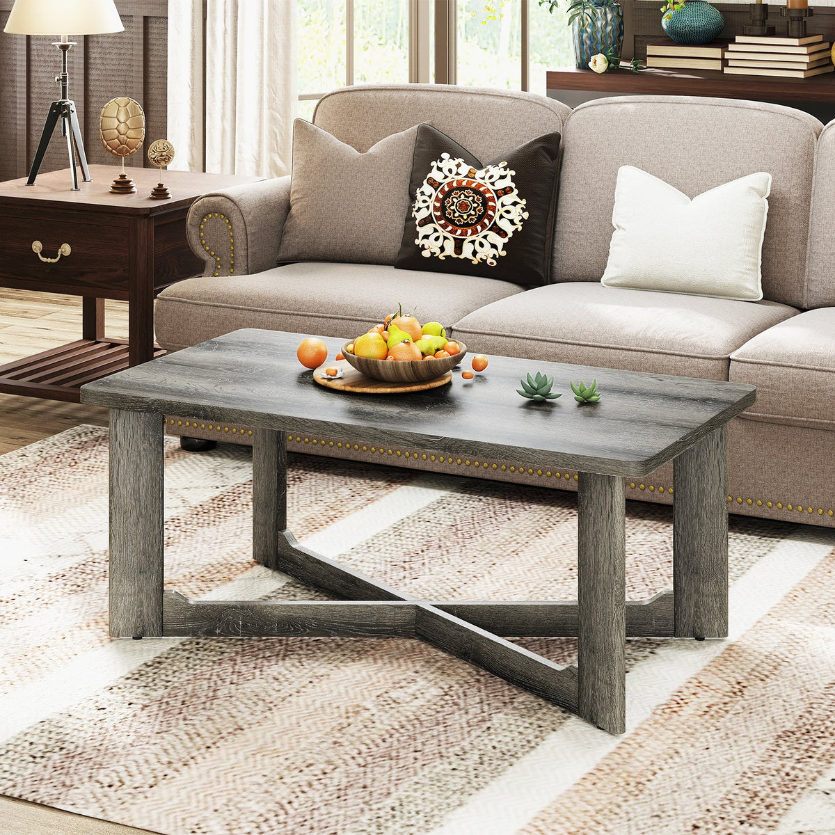 Rectangle Coffee Table Rubber Wood Base with X-Shaped Base-Gray