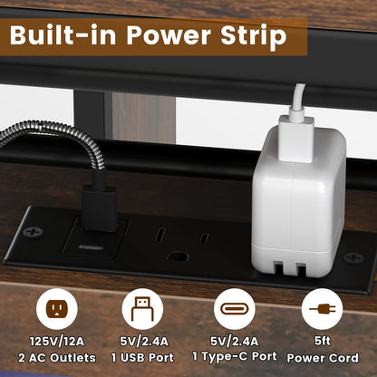 Rectangular Bar Table with Charging Station and LED Light-Rustic Brown