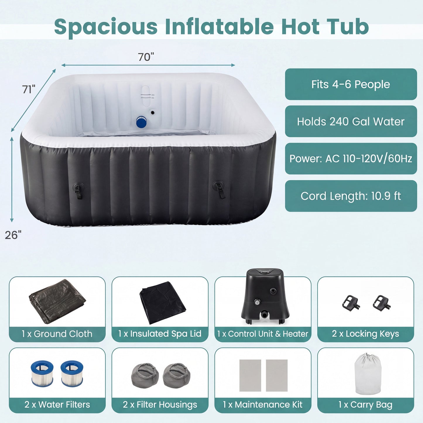 Inflatable Hot Tub Spa with 130 Air Jets for 4-6 People
