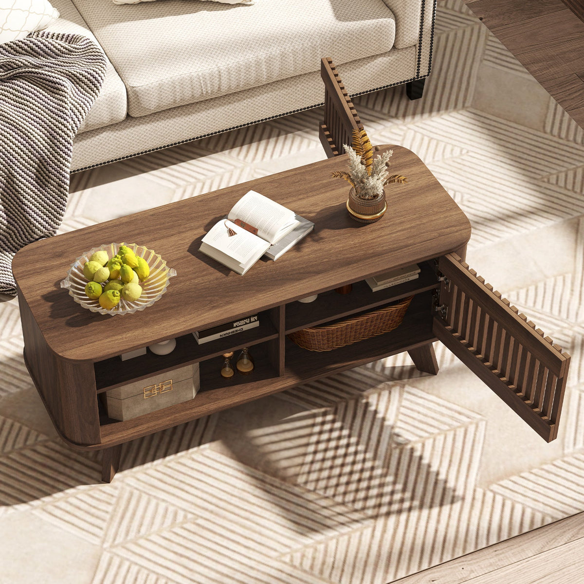 Rectangular Coffee Table with Storage and Adjustable Shelves-Walnut