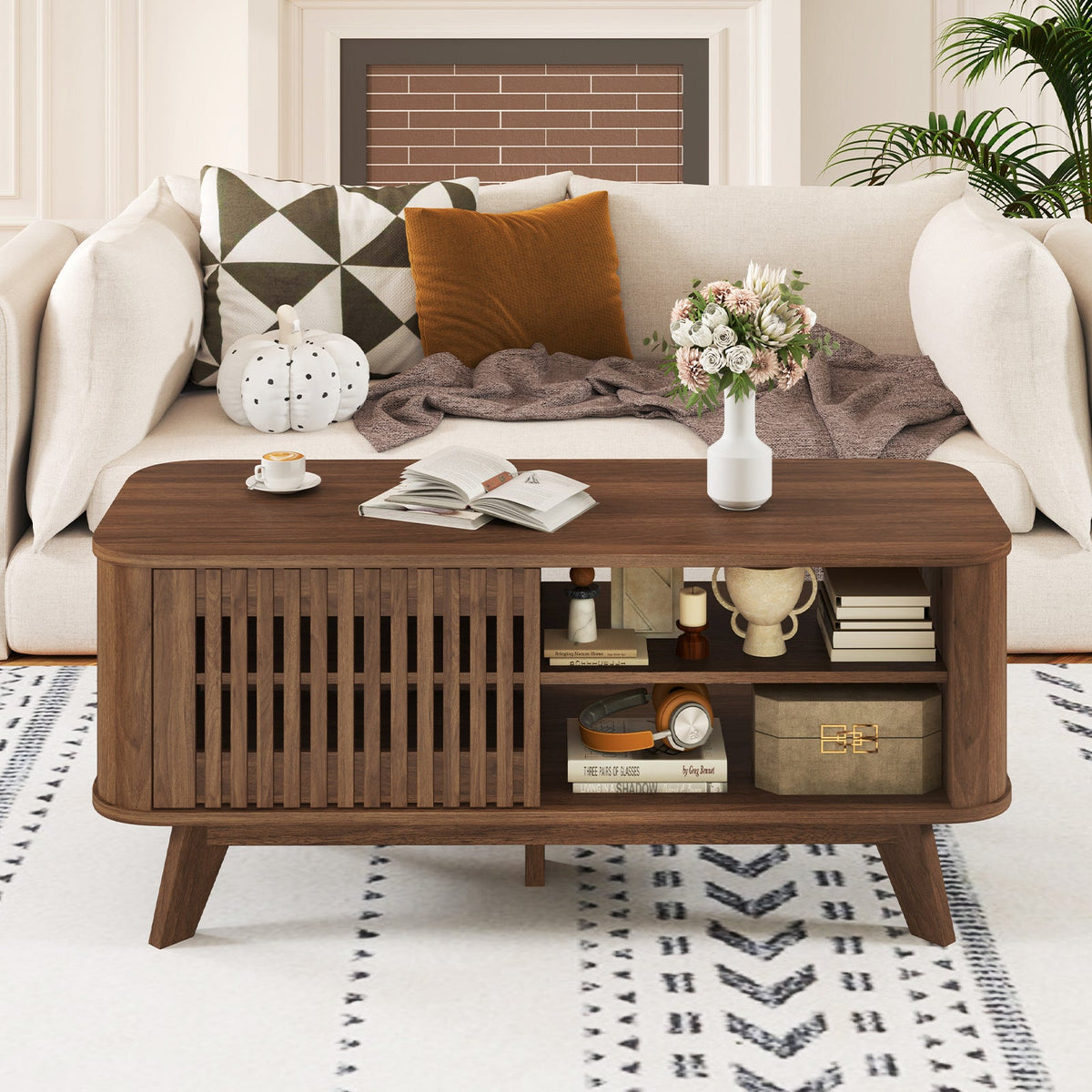 Rectangular Coffee Table with Storage and Adjustable Shelves-Walnut