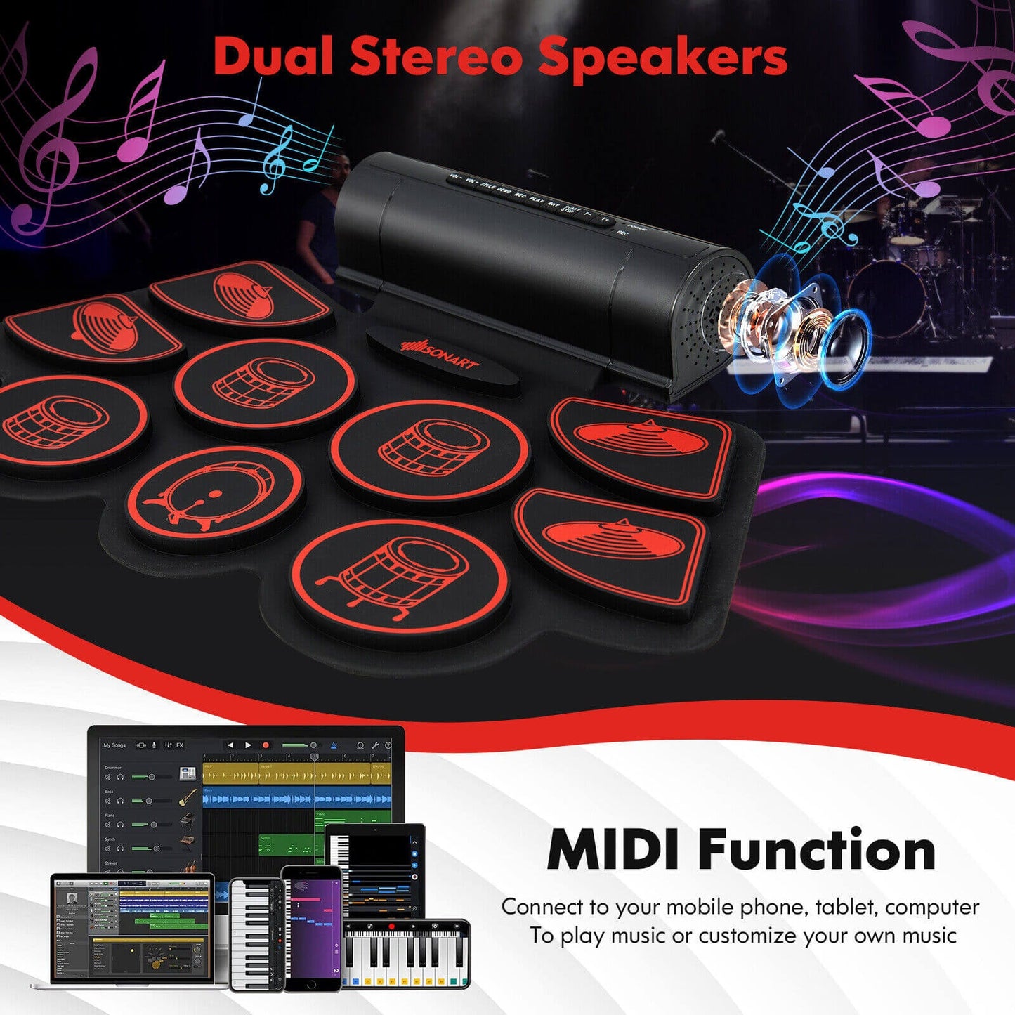 Electronic Drum Set with 2 Build-in Stereo Speakers for Kids