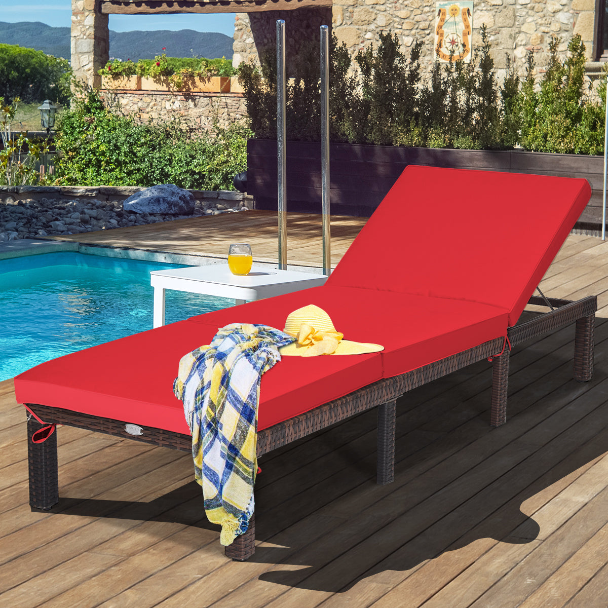 Adjustable Rattan Chaise Lounge with Cushion
