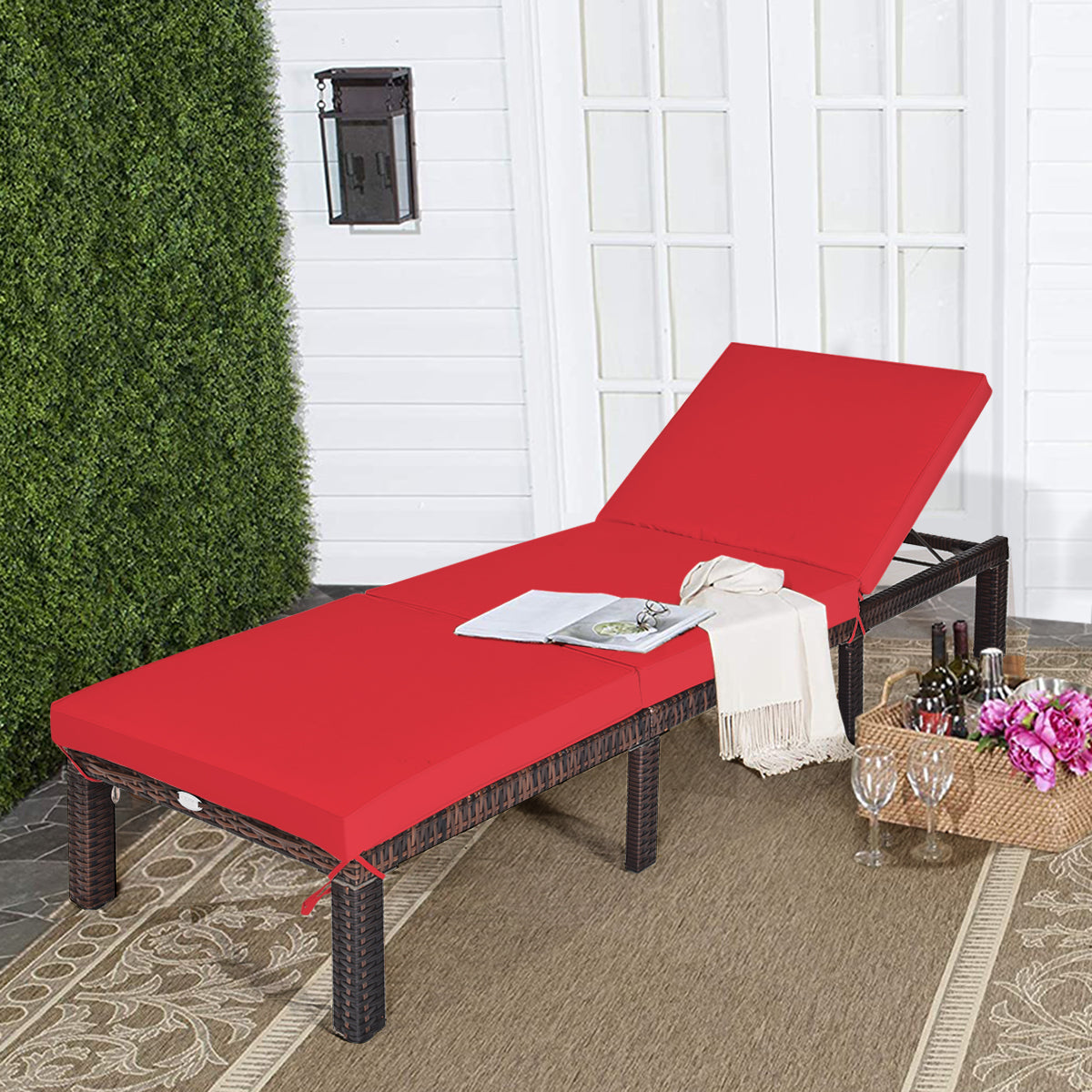 Adjustable Rattan Chaise Lounge with Cushion