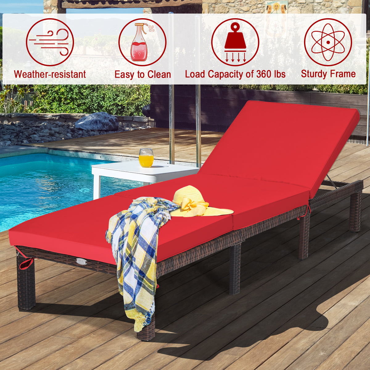 Adjustable Rattan Chaise Lounge with Cushion