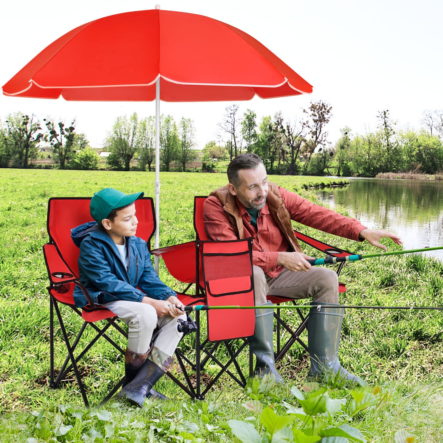 Folding Double Chair with Umbrella and Cooler Bag