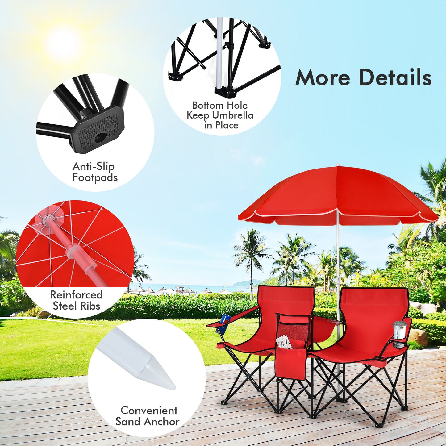 Folding Double Chair with Umbrella and Cooler Bag