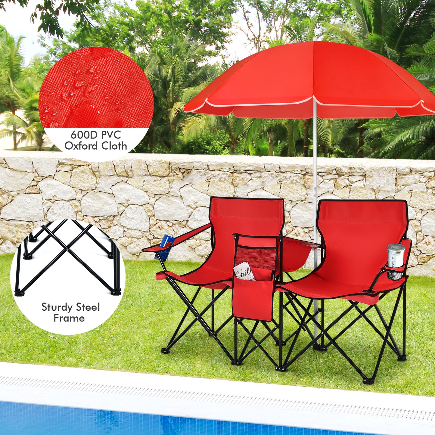 Folding Double Chair with Umbrella and Cooler Bag