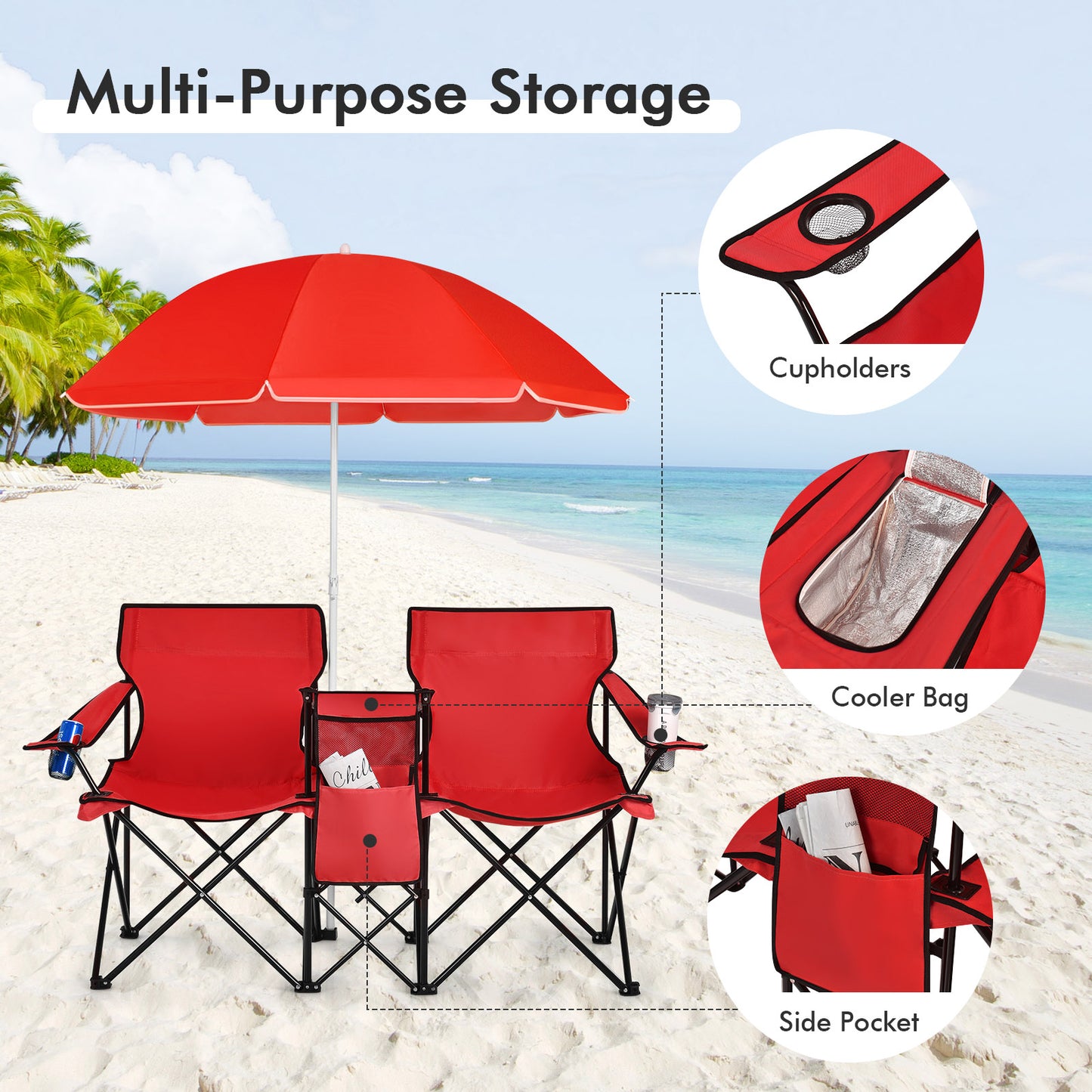 Folding Double Chair with Umbrella and Cooler Bag