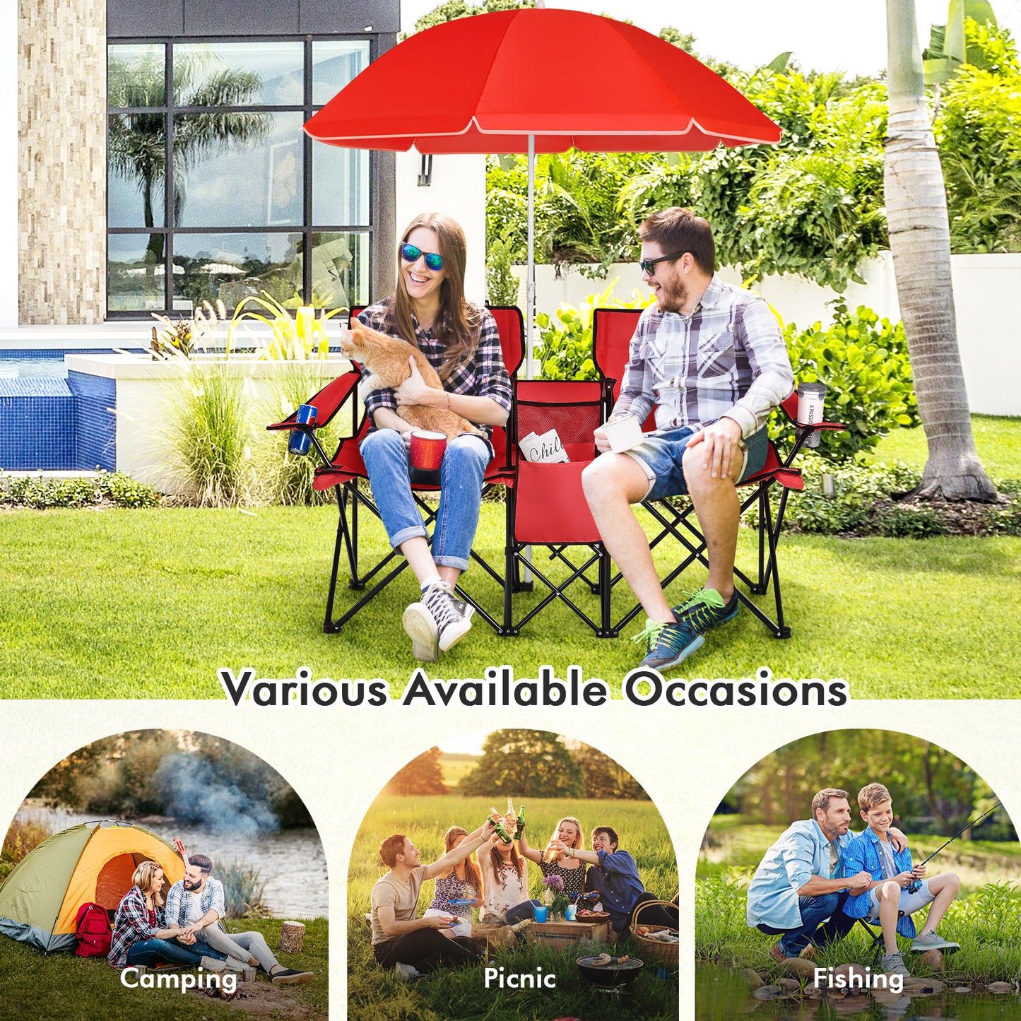 Folding Double Chair with Umbrella and Cooler Bag