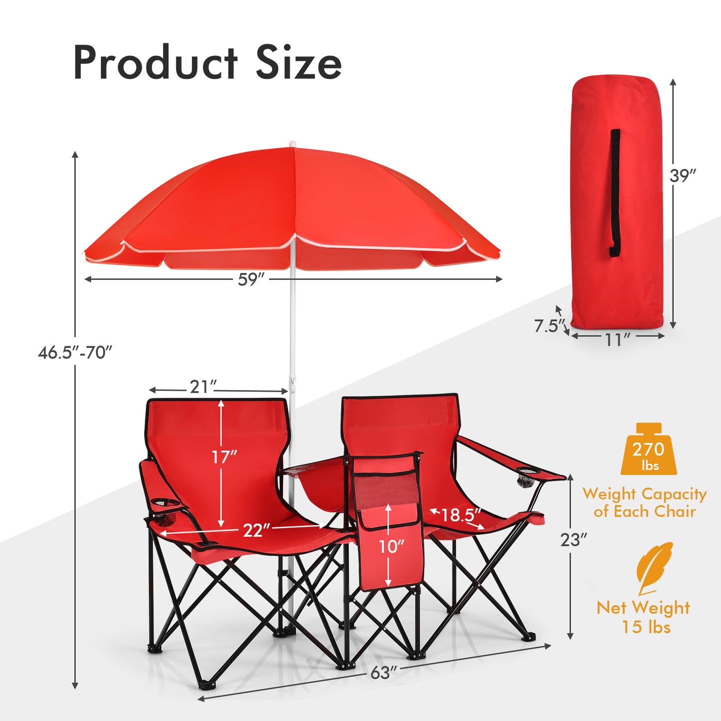 Folding Double Chair with Umbrella and Cooler Bag
