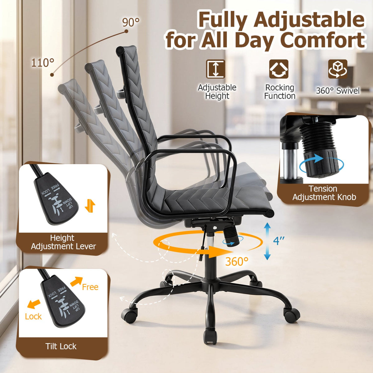 Ribbed High Back Office Chair with Adjustable Height