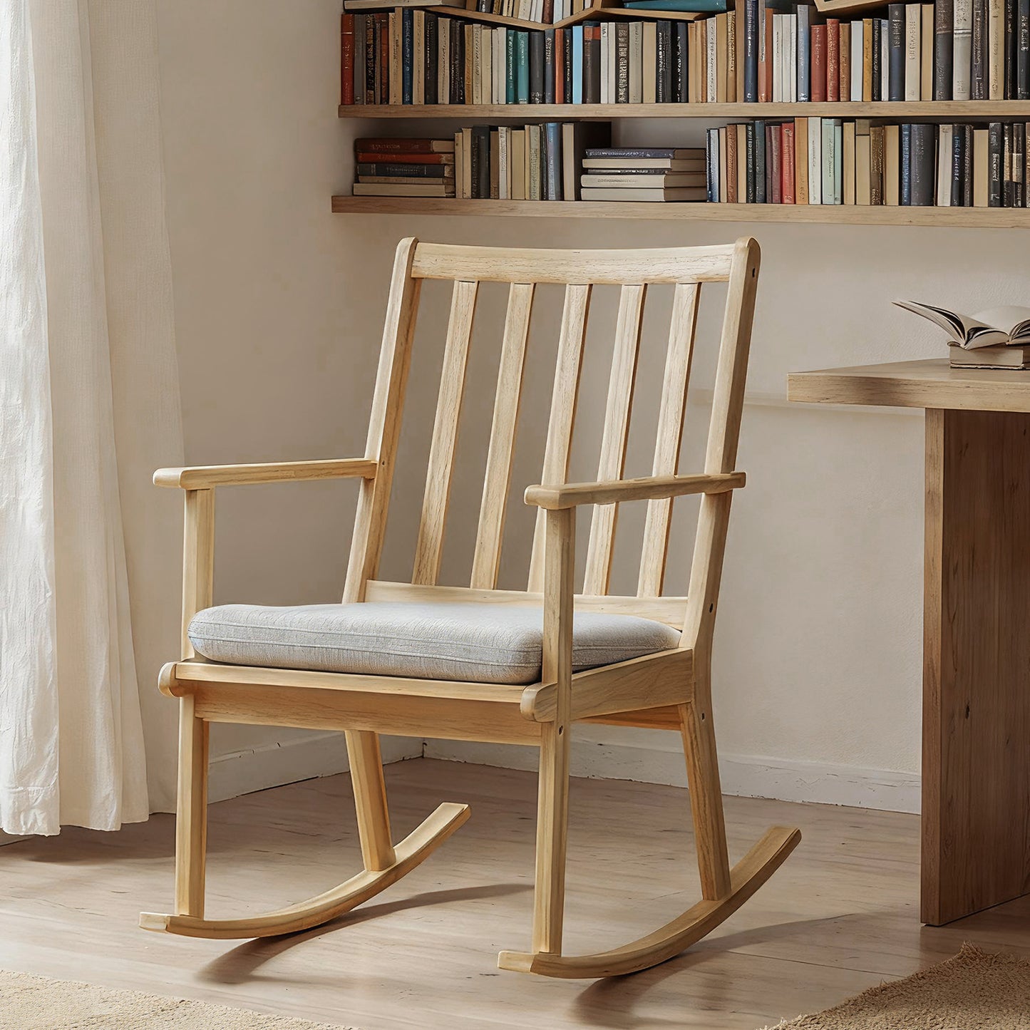 Rocking Chair with Cushion - Solid Rubber Wood Natural Finish