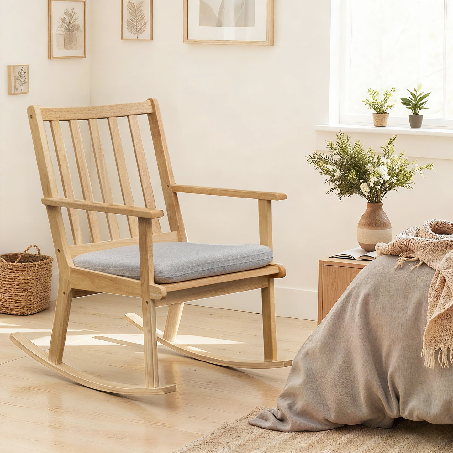 Rocking Chair with Cushion - Solid Rubber Wood Natural Finish