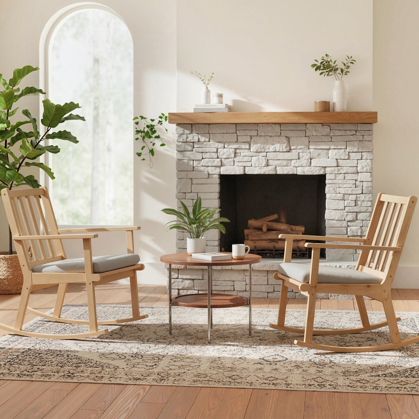 Rocking Chair with Cushion - Solid Rubber Wood Natural Finish
