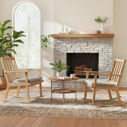 Rocking Chair with Cushion - Solid Rubber Wood Natural Finish