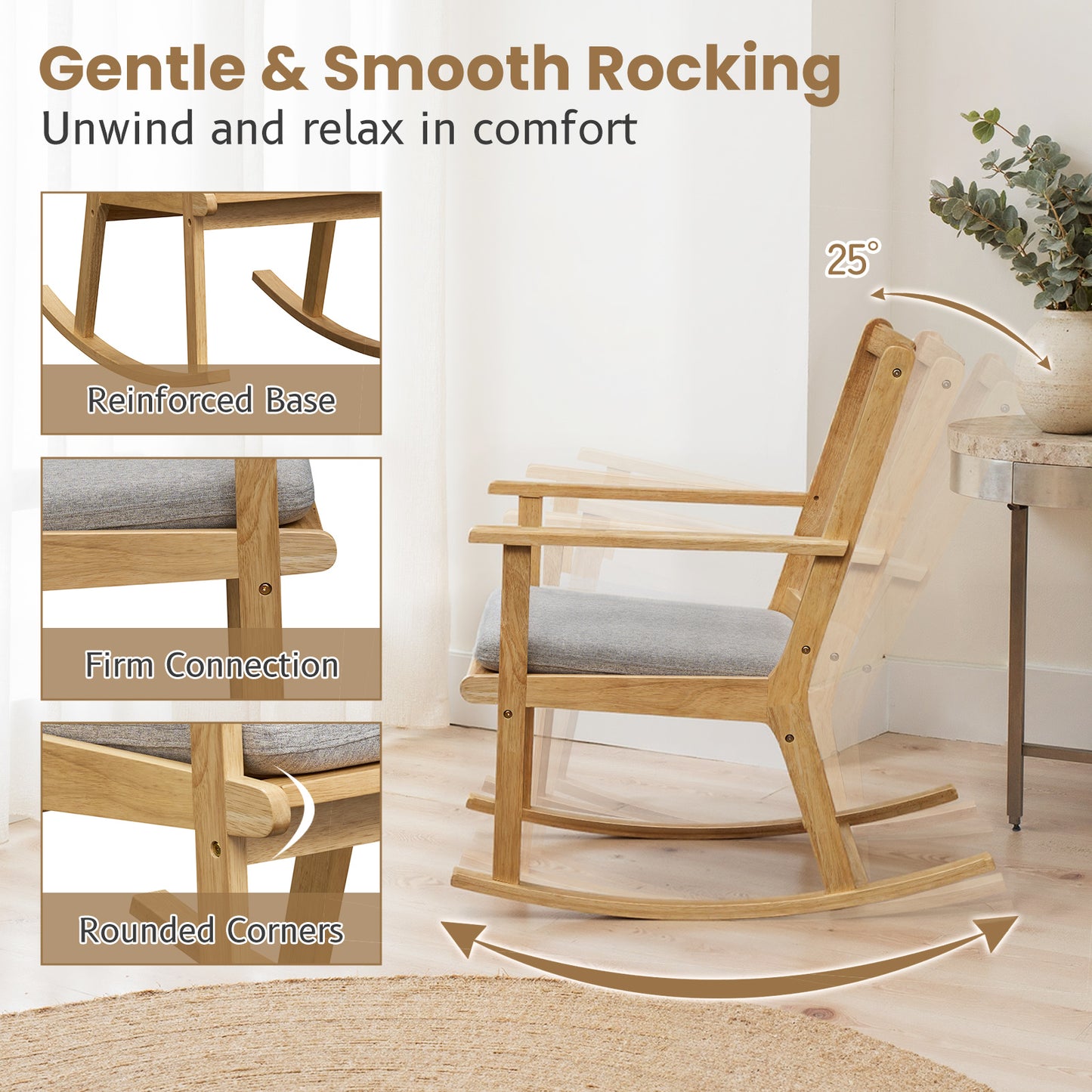 Rocking Chair with Cushion - Solid Rubber Wood Natural Finish