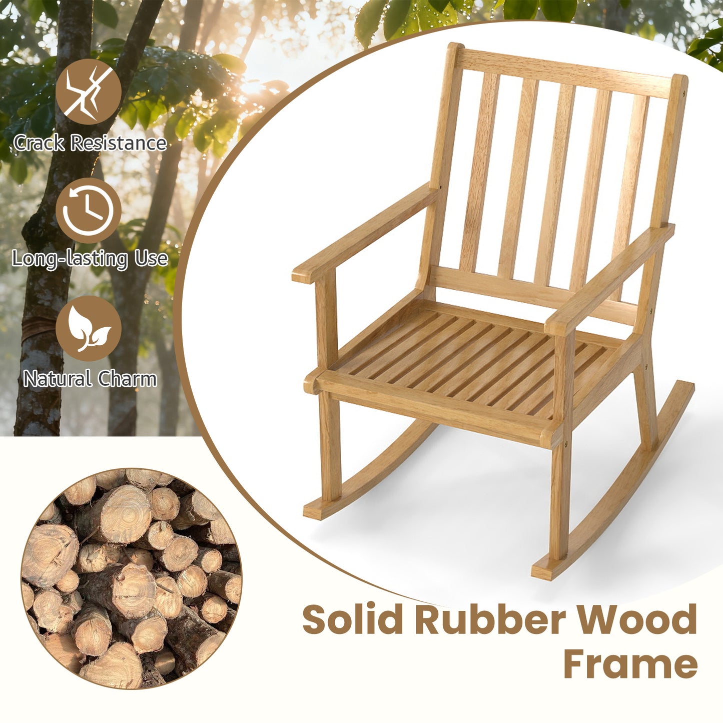 Rocking Chair with Cushion - Solid Rubber Wood Natural Finish