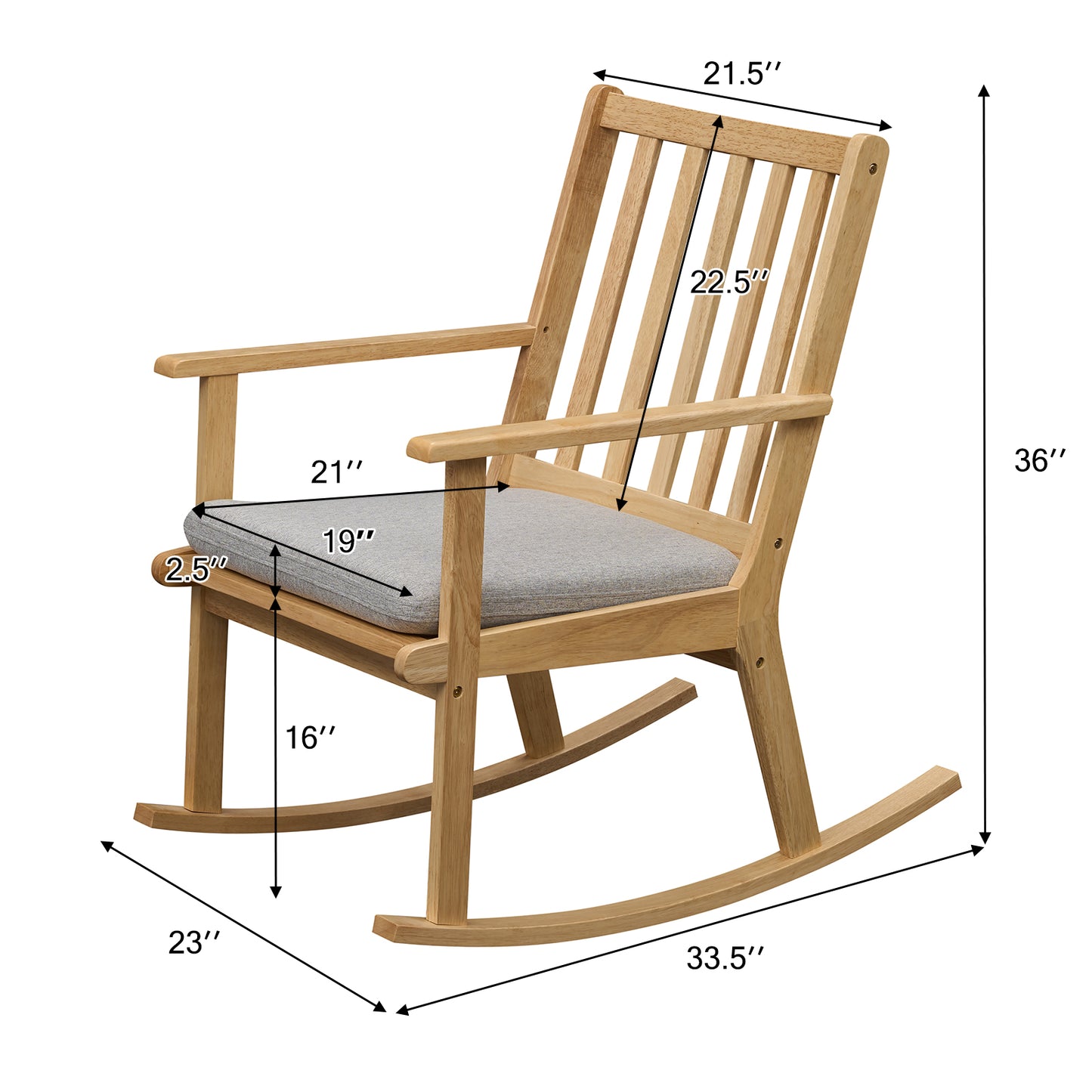 Rocking Chair with Cushion - Solid Rubber Wood Natural Finish