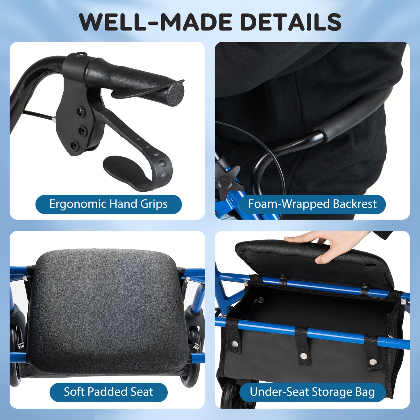 Rollator Walker with Padded Seat and Adjustable Handles
