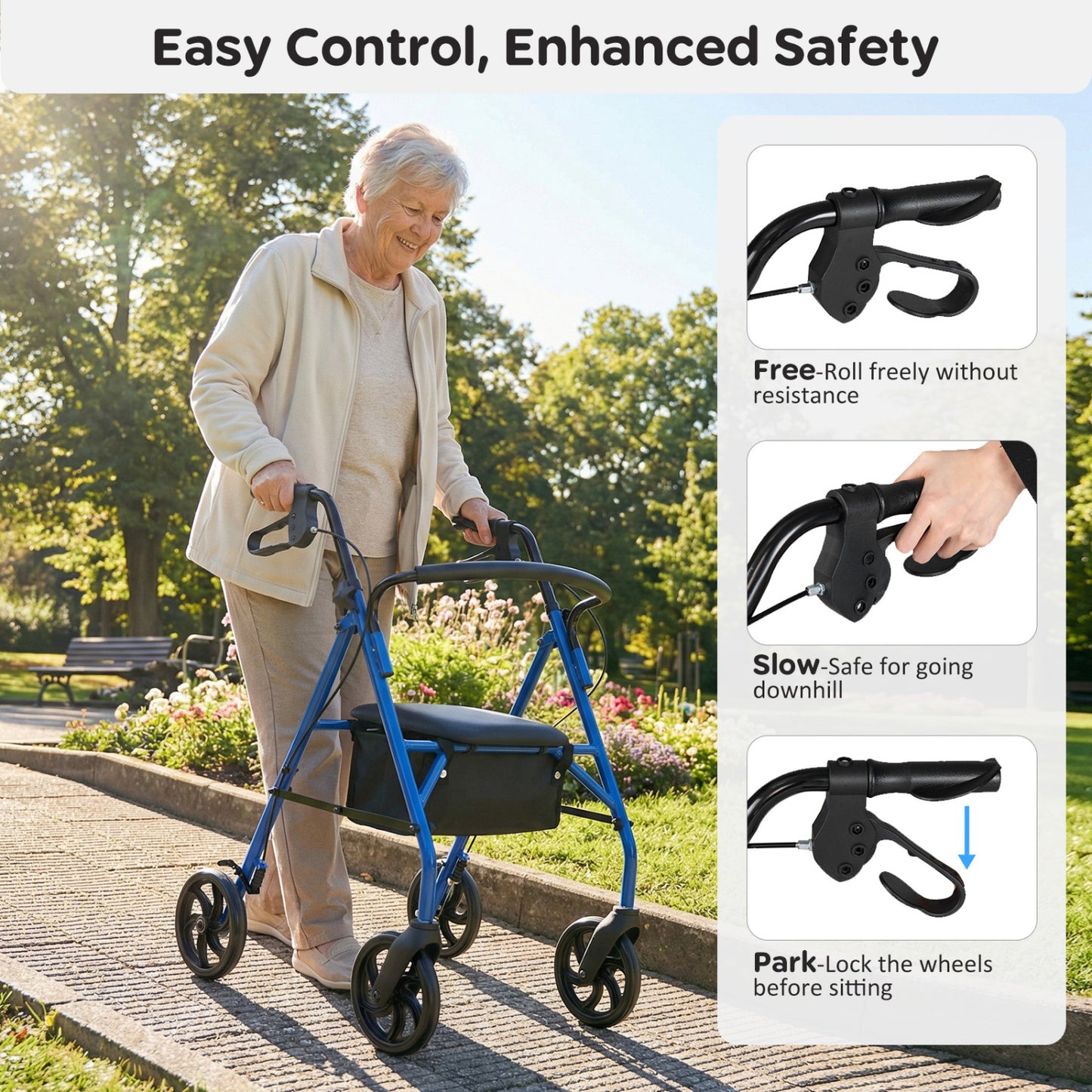 Rollator Walker with Padded Seat and Adjustable Handles