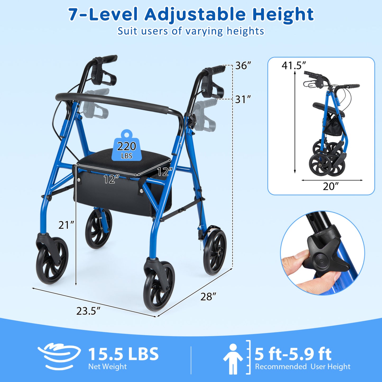 Rollator Walker with Padded Seat and Adjustable Handles