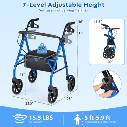 Rollator Walker with Padded Seat and Adjustable Handles
