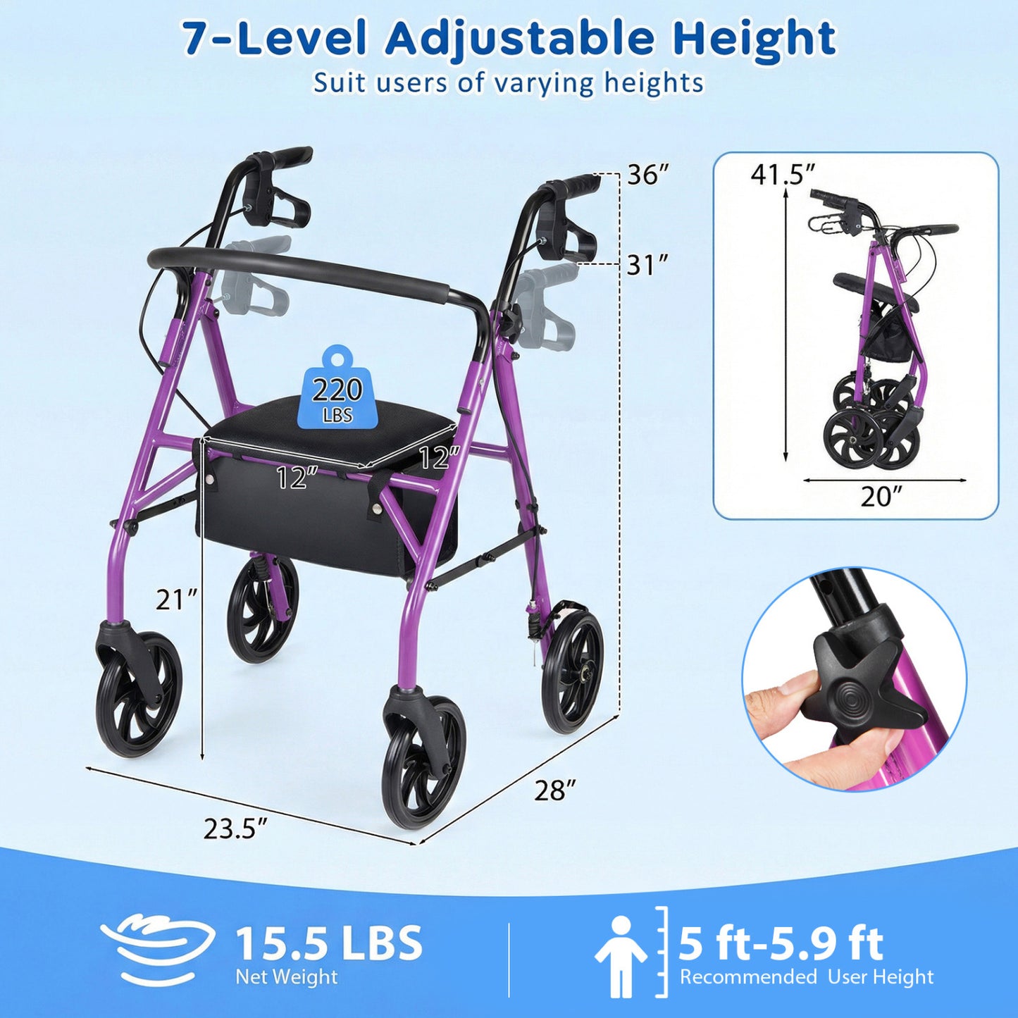 Rollator Walker with Padded Seat and Adjustable Handles
