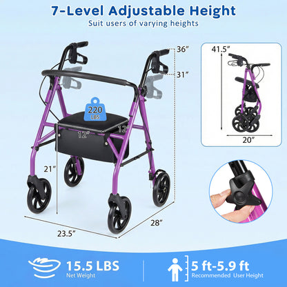 Rollator Walker with Padded Seat and Adjustable Handles