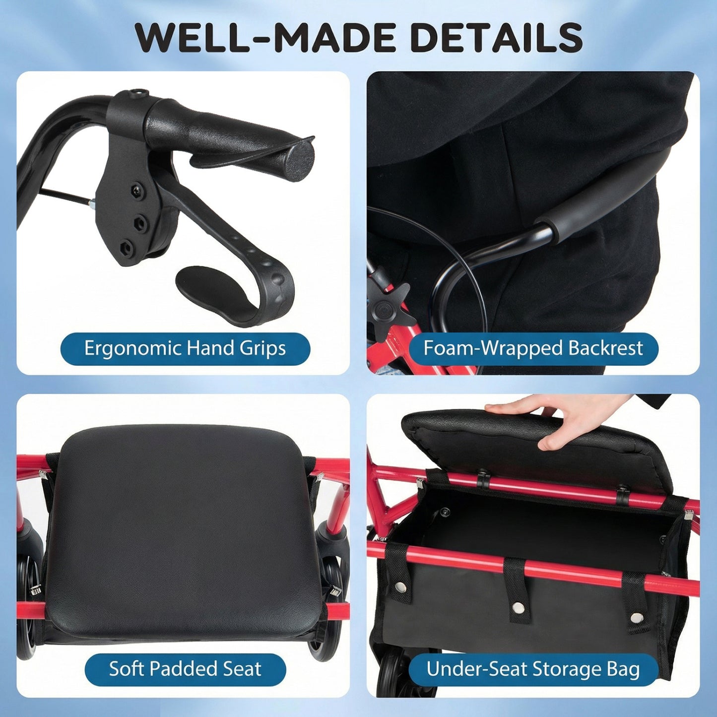 Rollator Walker with Padded Seat and Adjustable Handles