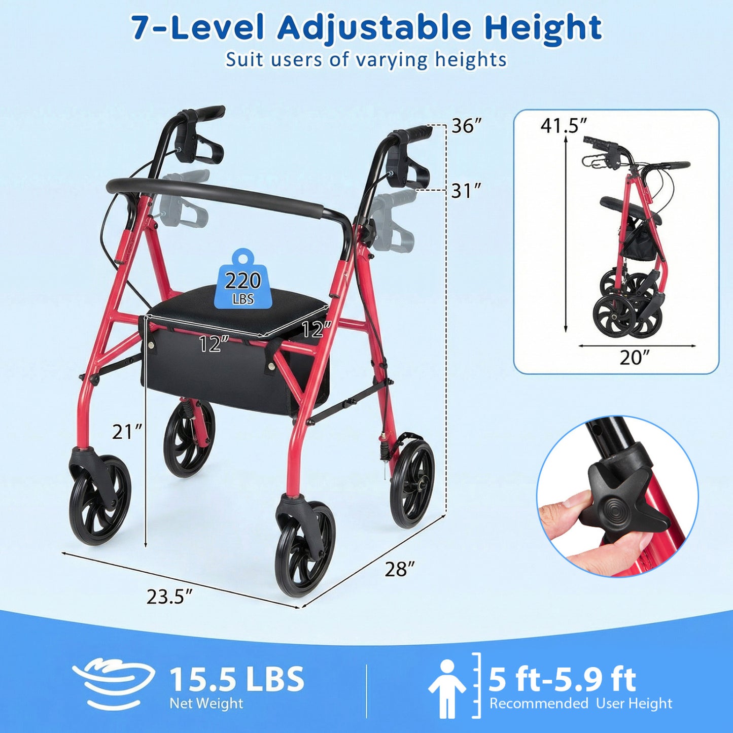 Rollator Walker with Padded Seat and Adjustable Handles