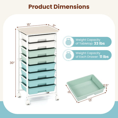8-Drawer Rolling Storage Cart with Wooden Top and Lockable Wheels