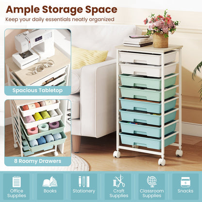 8-Drawer Rolling Storage Cart with Wooden Top and Lockable Wheels
