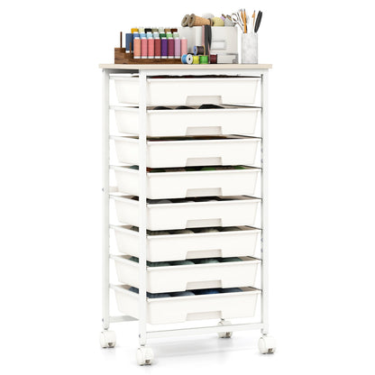 8-Drawer Rolling Storage Cart with Wooden Top and Lockable Wheels