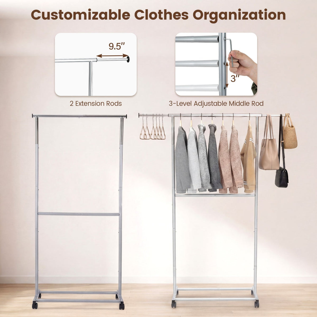 Rolling Clothes Rack Double