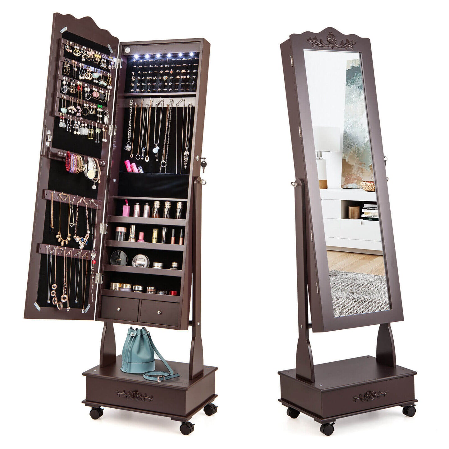 Rolling Mirrored Jewelry Armoire with LED Lights & Lock