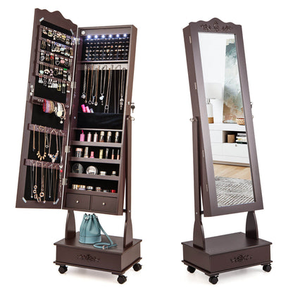Rolling Mirrored Jewelry Armoire with LED Lights & Lock