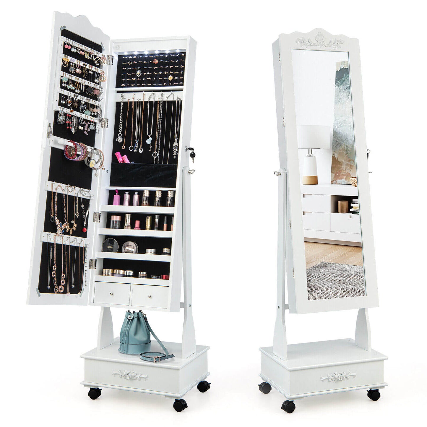 Rolling Mirrored Jewelry Armoire with LED Lights & Lock