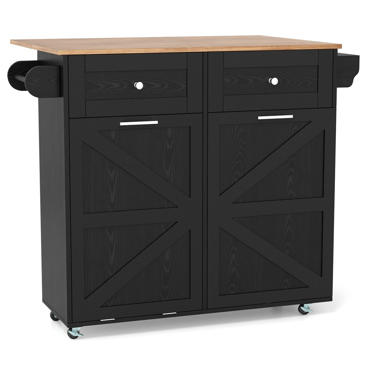 Rolling Kitchen Island with Trash Can Cabinet and Rubber Universal Wheels