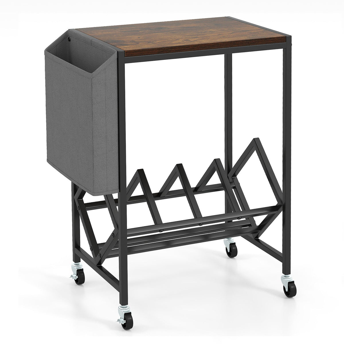 Rolling Record Player Stand 2-Tier with Vinyl Storage and Magazine Holder Bag