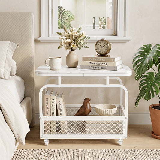 Rolling Side Table with Faux Marble Top and Storage Basket