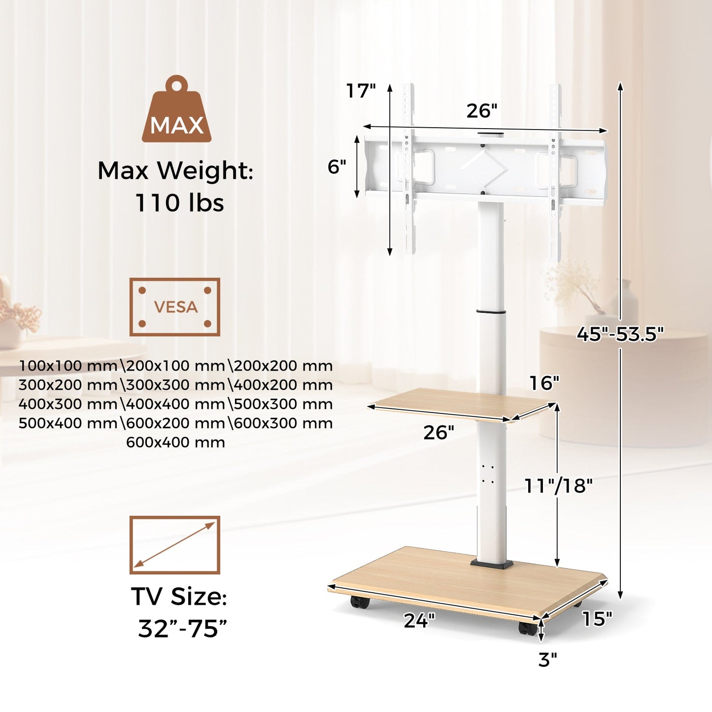 Rolling TV Stand on Wheels Mobile TV Cart for 32-75 Inch TVs Portable AV Cart