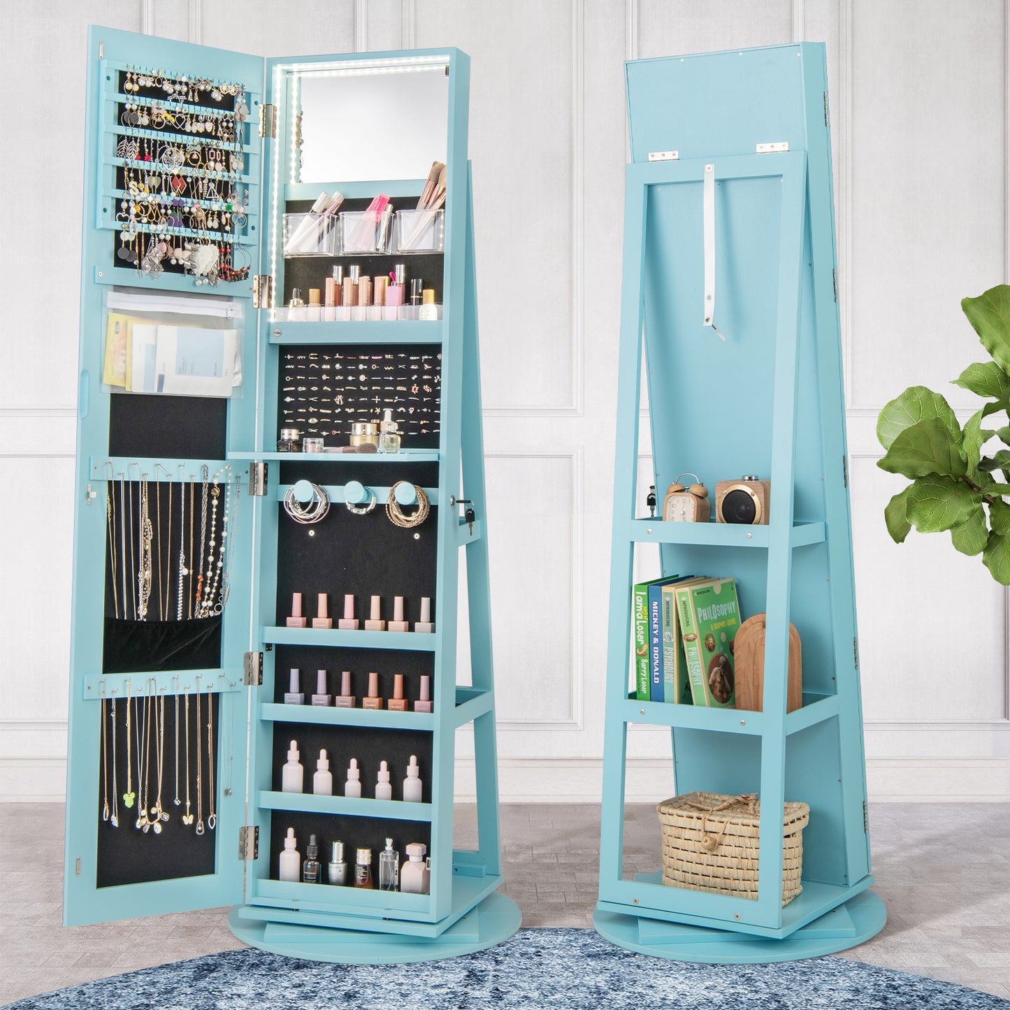 Rotating Mirrored Jewelry Armoire with LED Lighting