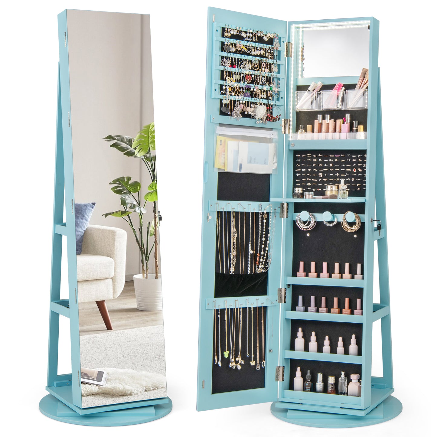 Rotating Mirrored Jewelry Armoire with LED Lighting