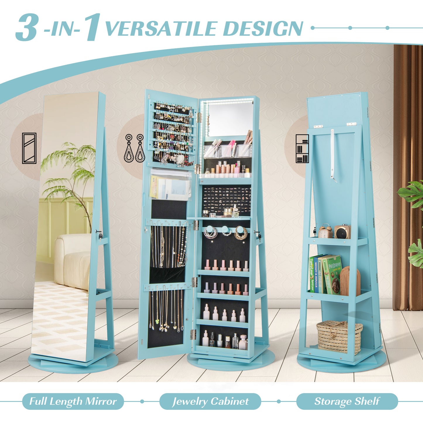 Rotating Mirrored Jewelry Armoire with LED Lighting