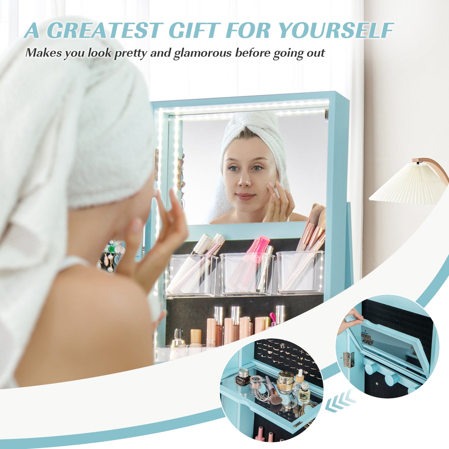 Rotating Mirrored Jewelry Armoire with LED Lighting