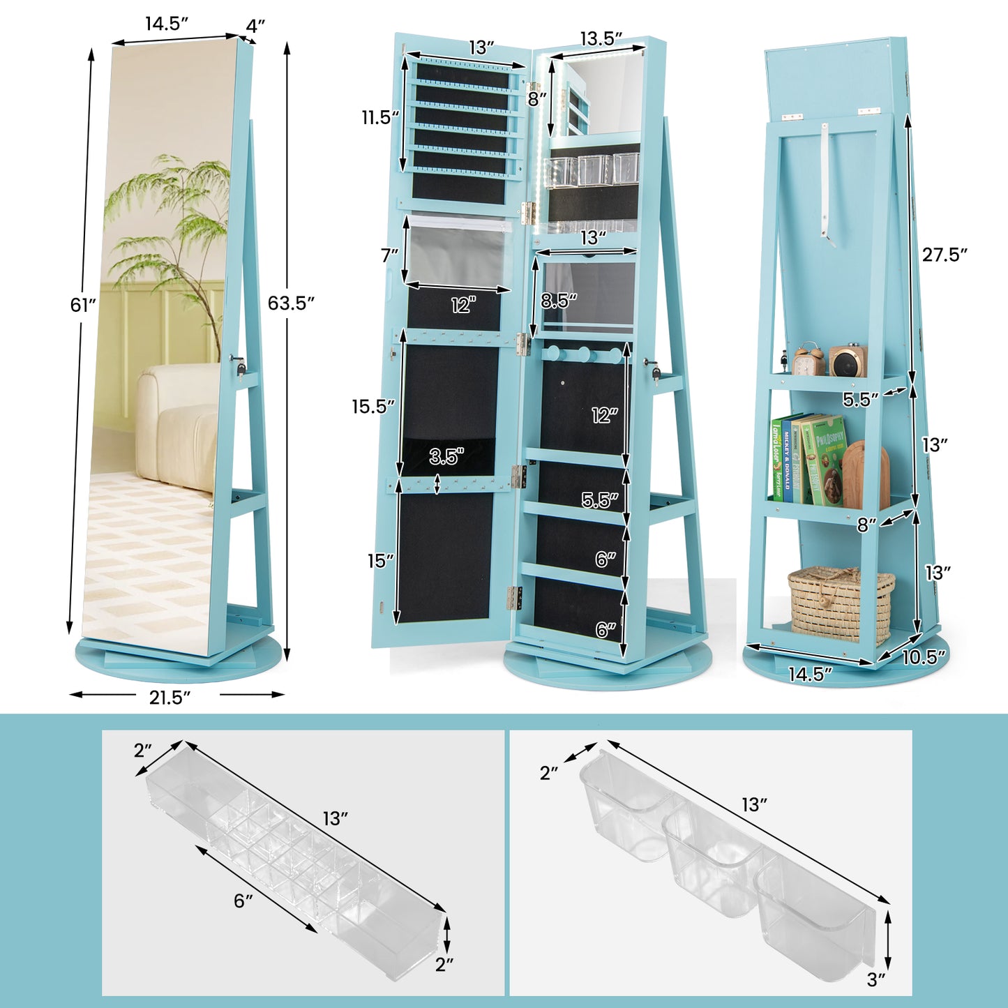 Rotating Mirrored Jewelry Armoire with LED Lighting