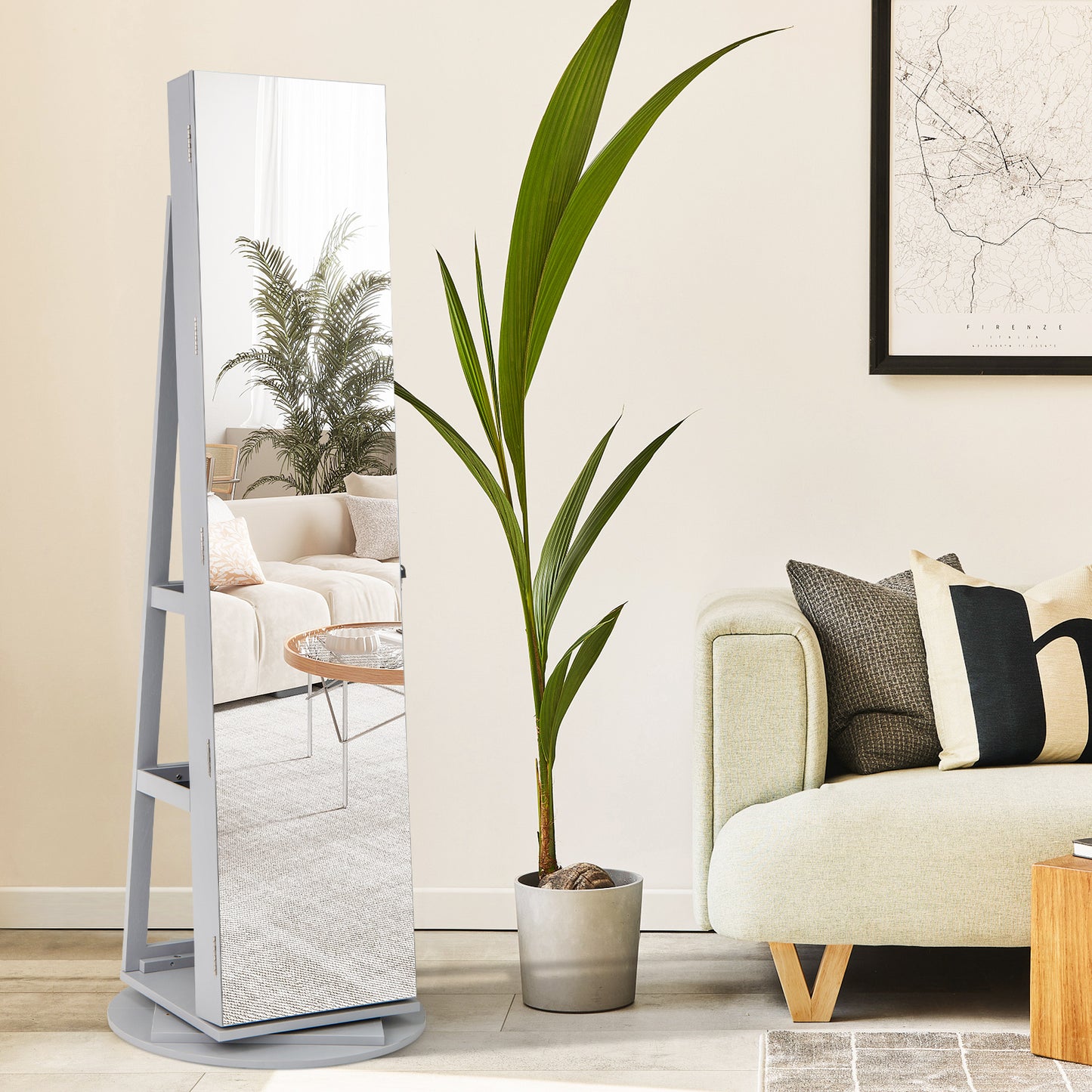 Rotating Mirrored Jewelry Armoire with LED Lighting