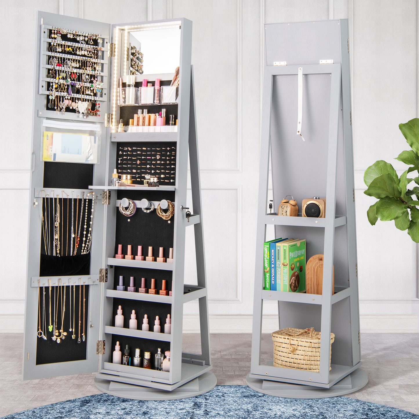 Rotating Mirrored Jewelry Armoire with LED Lighting
